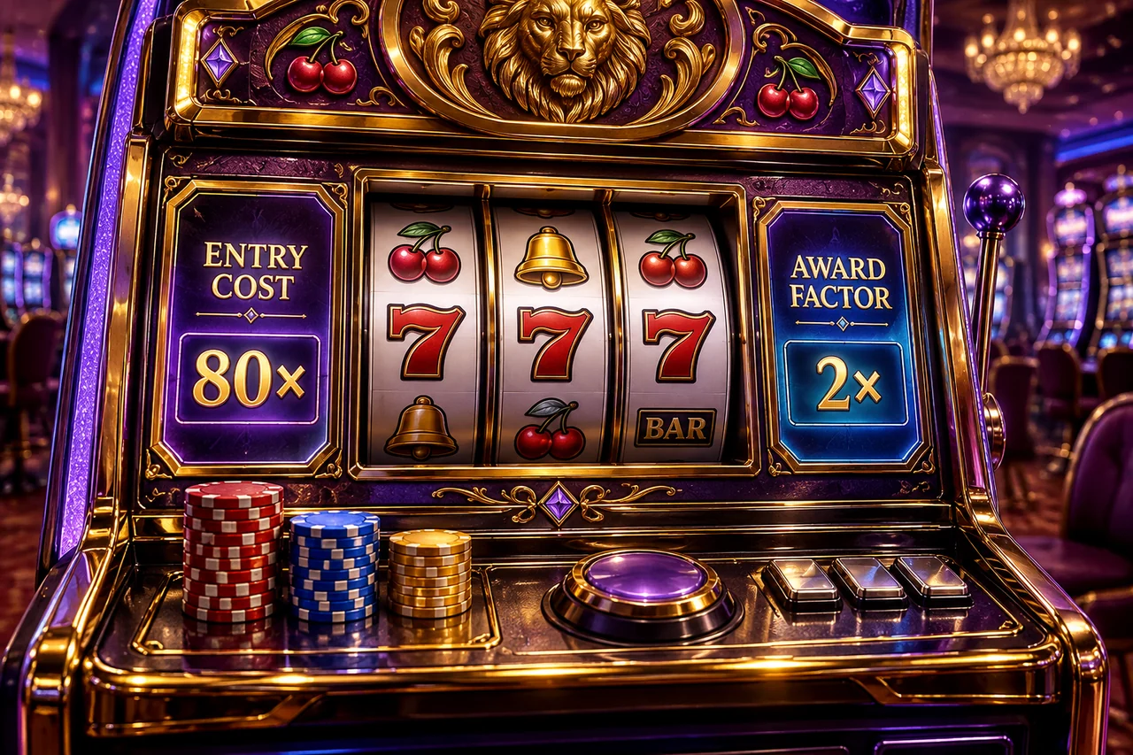 Fictional slot cabinet separating an 80× entry-cost factor from a 2× award factor.