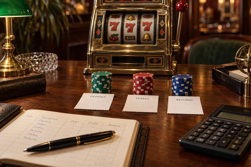 Casino chips separated into deposit, stakes and returns groups beside an account ledger.