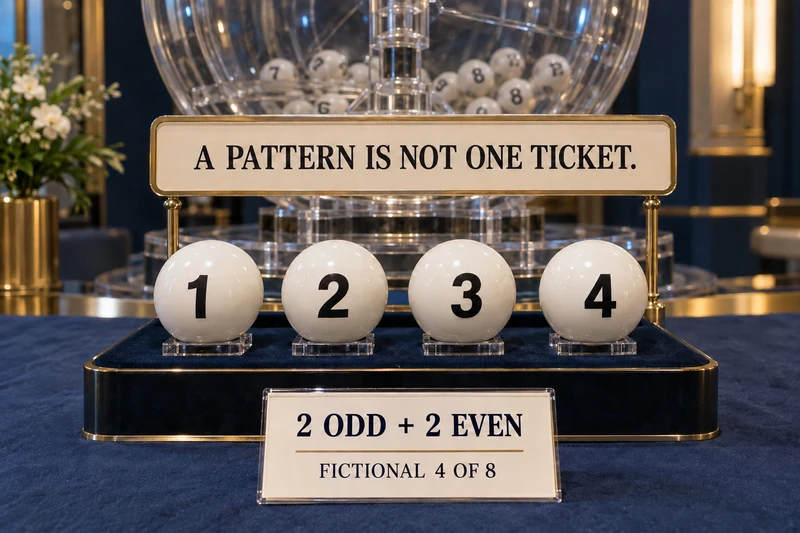 Lottery drawing drum beside illustrative balls 1,2,3,4 and an odd/even teaching card
