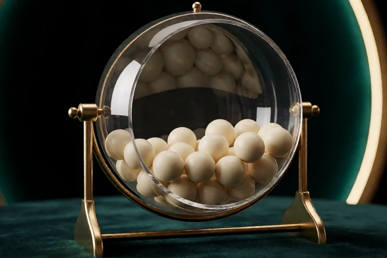 Clear lottery ball drum on a brass stand, filled with ivory balls on a dark green velvet surface