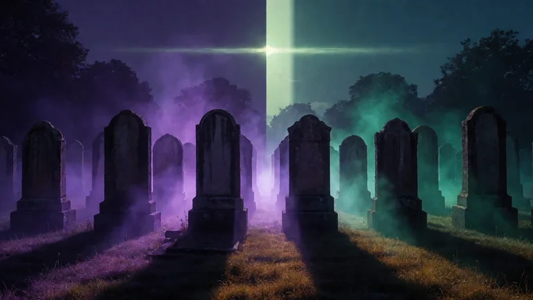 Row of stone grave slabs in a misty moonlit cemetery, lit in violet and green light, with a pale beam of light above