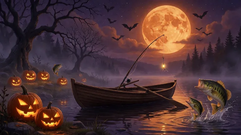 Glowing carved pumpkins on a misty lakeshore at night with a wooden rowing boat and fishing rod, bass leaping from the water under a huge orange moon and bats