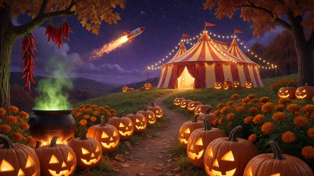 A moonlit autumn hill with a glowing striped circus tent, rows of jack-o-lantern pumpkins and marigolds along a path, a steaming cauldron, hanging red chillies and a small rocket crossing the sky