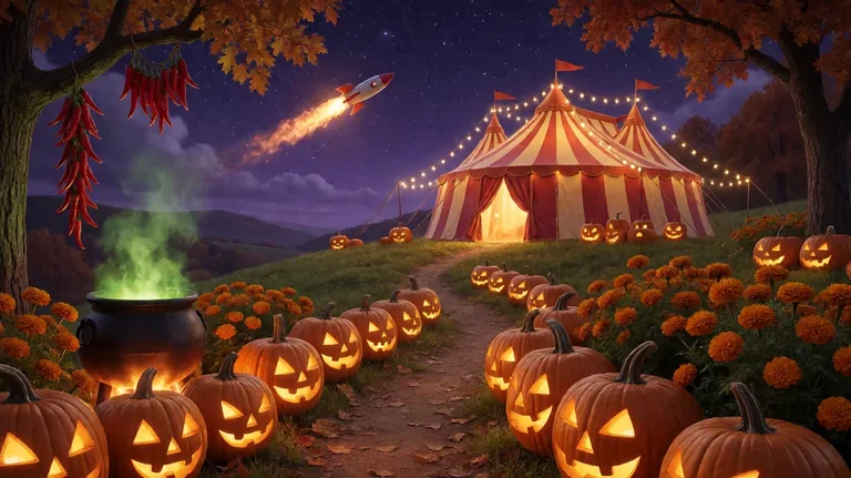 A moonlit autumn hill with a glowing striped circus tent, rows of jack-o-lantern pumpkins and marigolds along a path, a steaming cauldron, hanging red chillies and a small rocket crossing the sky
