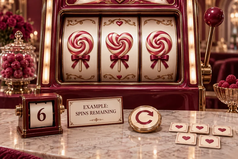 Fictional candy slot with a six counter and spin tokens, clearly marked Example.